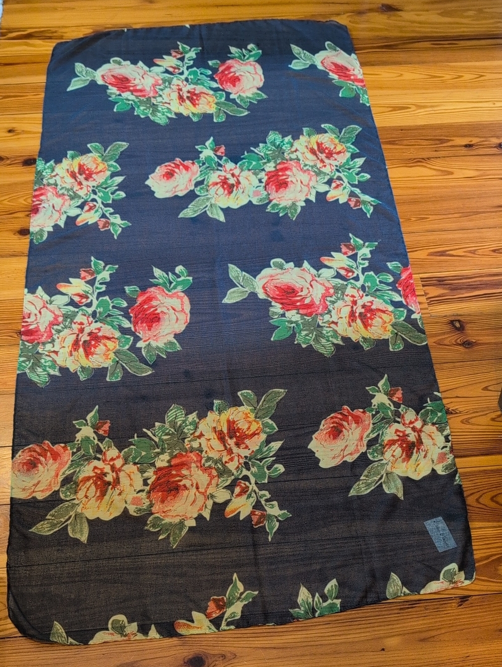 Floral Cabbage Rose Print Rectangular Navy Scarf Semi Sheer by The Paper Store